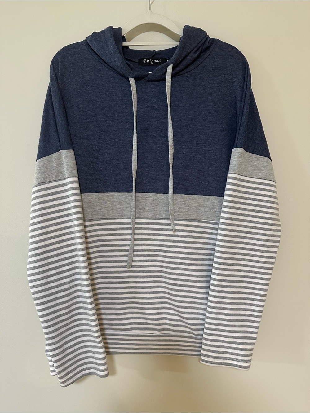 Casual Nautical Butgood Hooded Shirt M Blue Gray Striped Colorblock Top